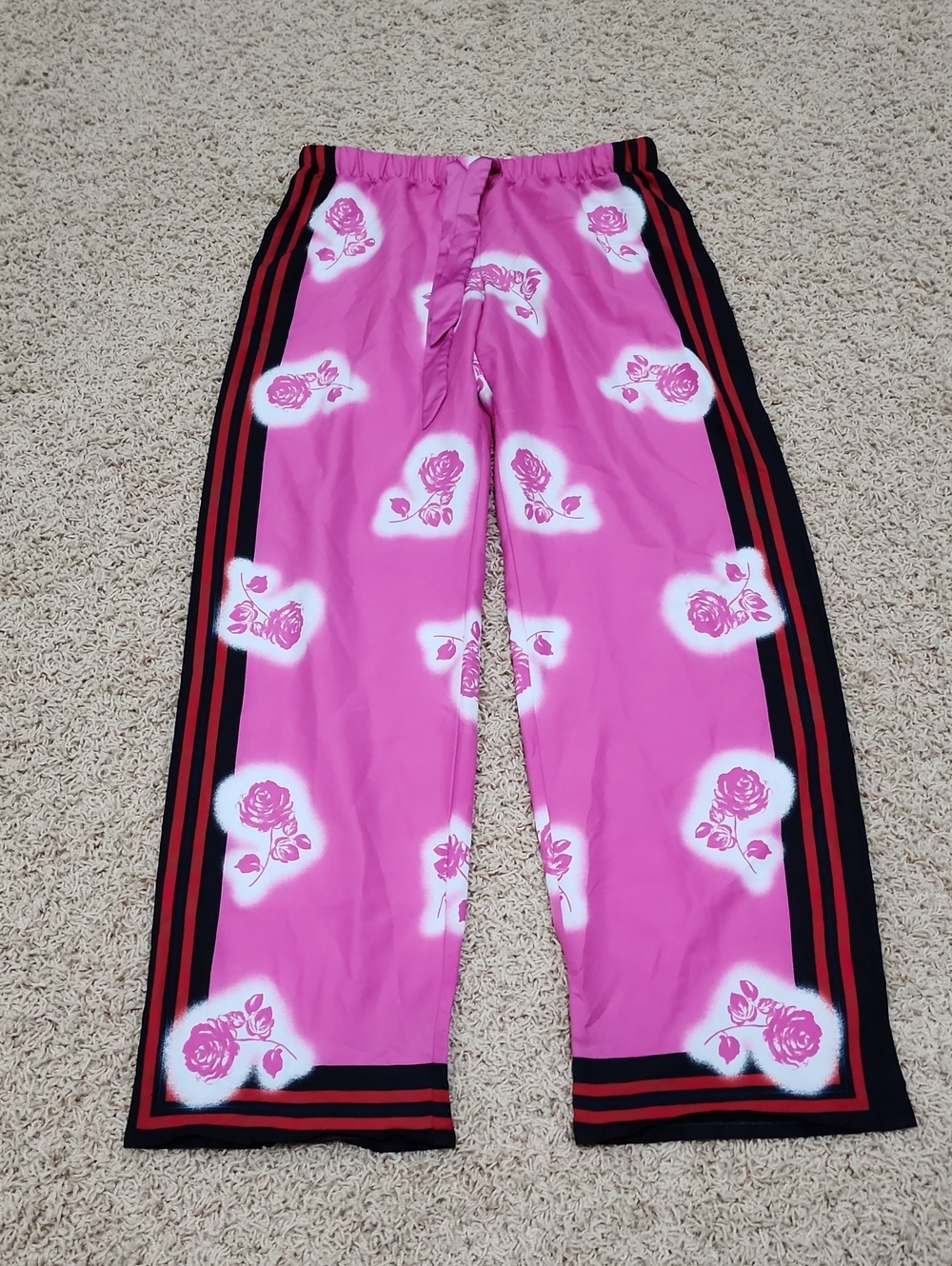 Victoria's Secret Pink Rose-Print Pajama Pants with Black & Red Side Stripes